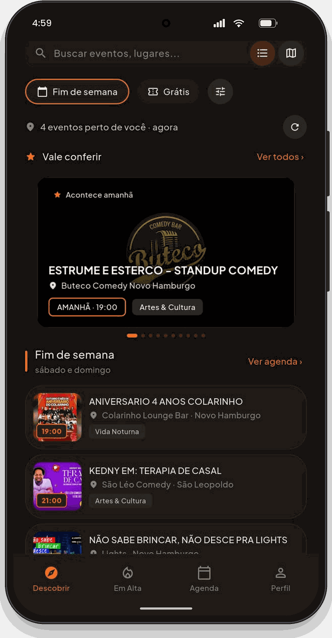 Tela do aplicativo Movih mostrando eventos perto de você