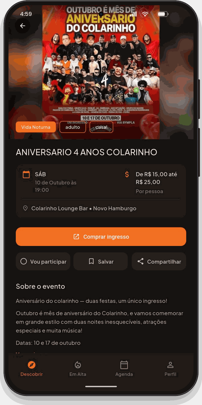 Tela do aplicativo Movih com detalhes de um evento
